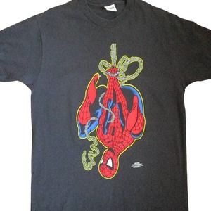 Anvil Tshirt Black Vtg Spider-Man Upside Down Single Stitch Double Sided Unisex